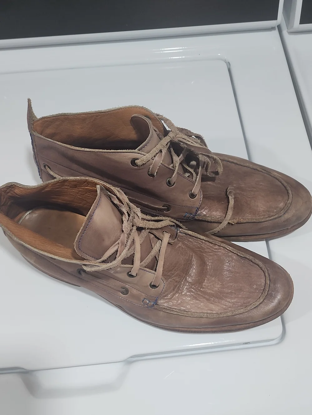 Bed Stu chukka boots distressed taupe leather and unique blue contrast Stitching